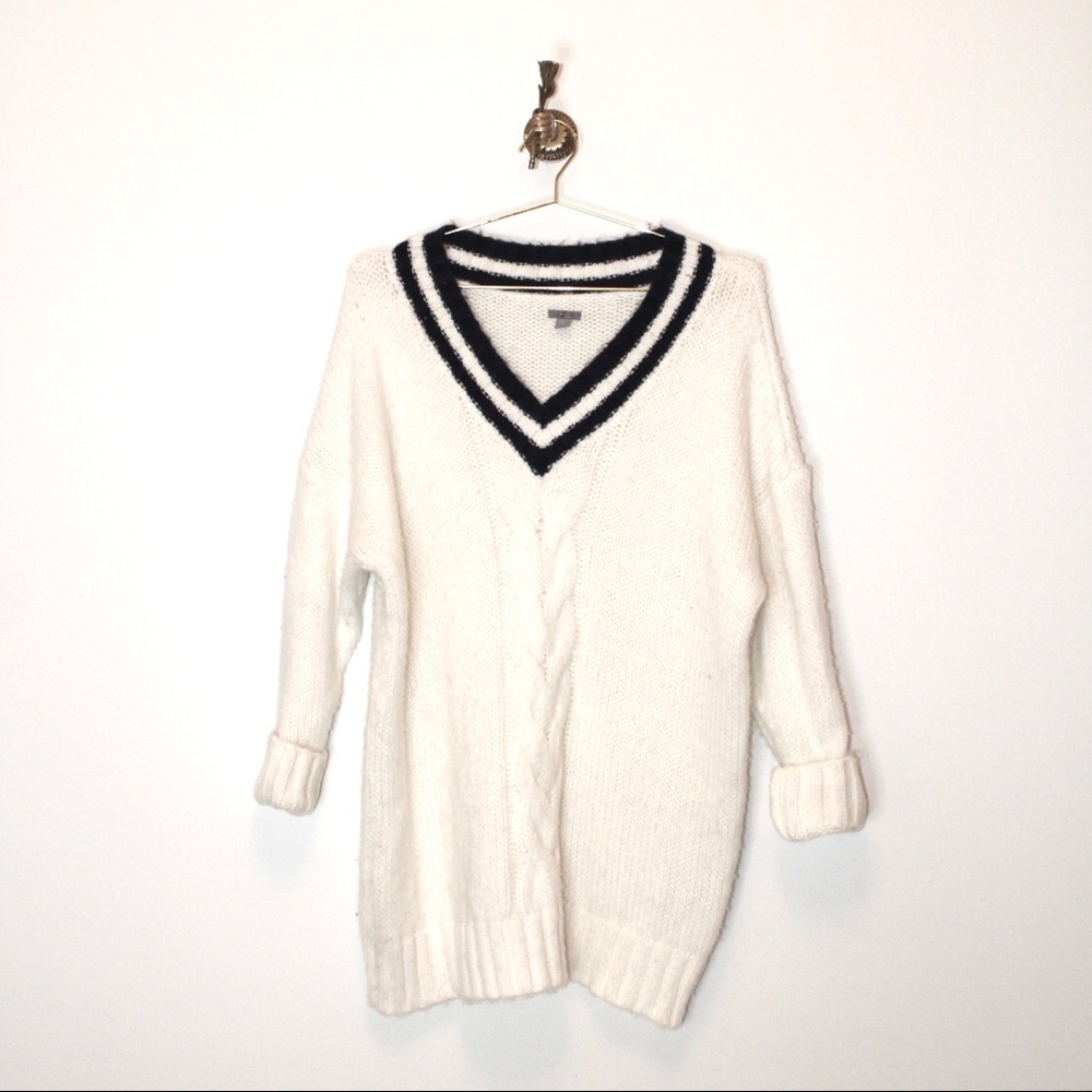 Aerie Oversized White + Navy Cable Knit Varsity Sweater - Picture 1 of 4